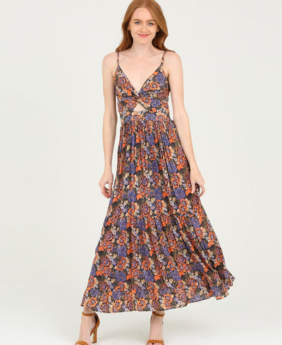 bright print maxi dress on model