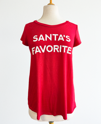 Red t-shirt with 'Santa's Favorite' text on a mannequin against a white background