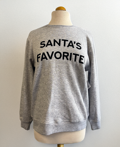 Gray sweatshirt with 'Santa's Favorite' text on a mannequin against a plain background