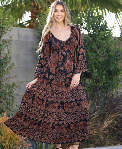 V Neck Smocked Bust Bell Sleeve Maxi Dress