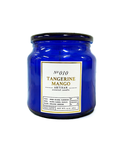 Blue candle jar labeled 'Tangerine Mango' on a white background