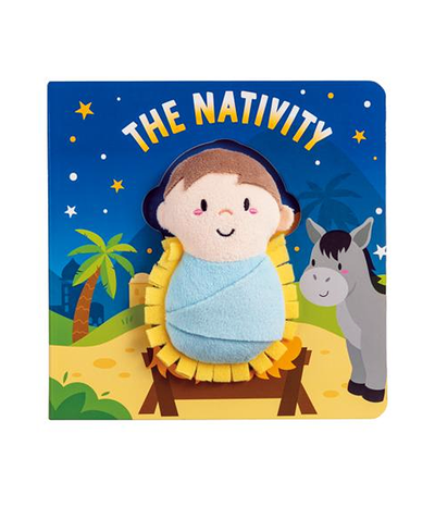 Children's book titled 'The Nativity' with a soft toy figure of baby Jesus and donkey on a blue background.