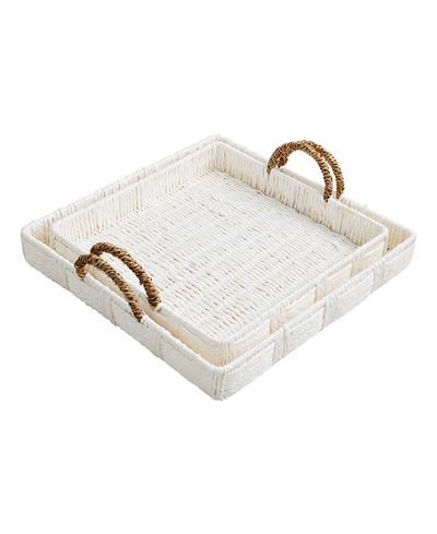 Rectangular woven tray with handles on a white background