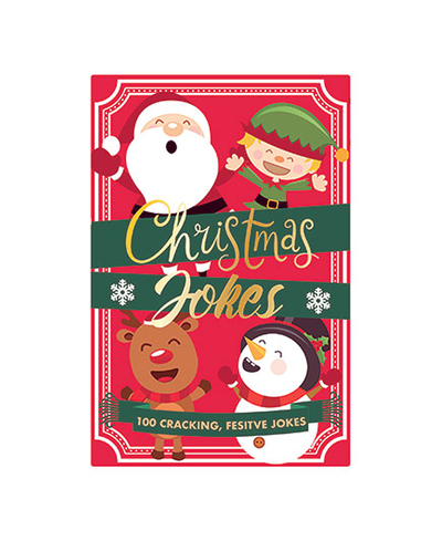 Book cover of 'Christmas Jokes' with festive illustrations on a red background