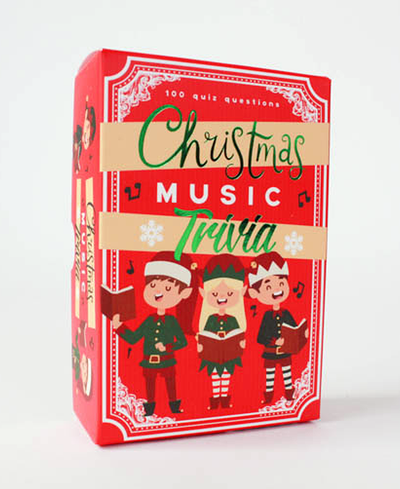 Christmas Music Trivia game box with elves on a white background