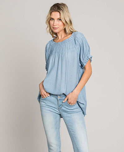 Blue blouse with flow sleeves and cinched neckline