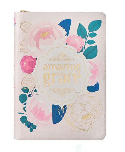 Amazing grace journal. Light pink with floral print on the front of the journal. 