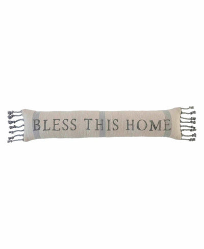 Blue and taupe pillow which states "Bless this home"