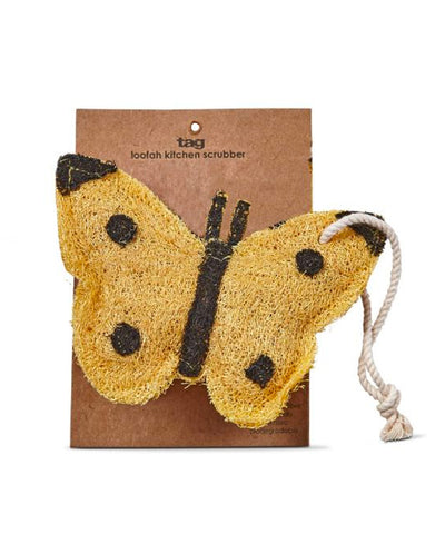 Loofah scrubber yellow and black. Looks like a butterfly and has a string to hang it by.