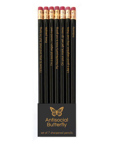 Pack of 7 pencils with different antisocial phrases. Example, "Like a good neighbor, stay over there."