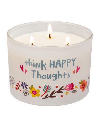 candle that says "think happy thoughts."